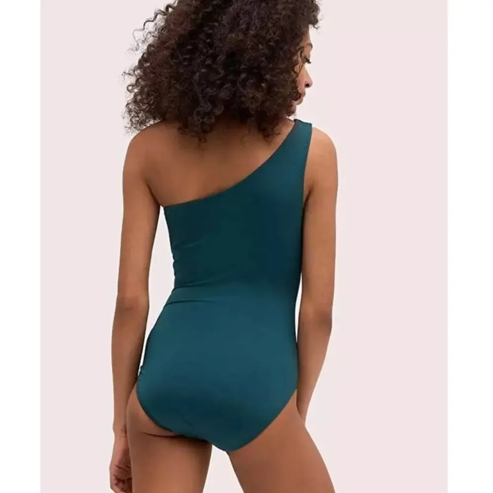 Kate Spade New York Daisy Buckle Dark Green One Shoulder One-Piece Swimsuit - Picture 3 of 9